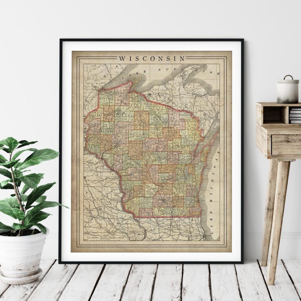 1897 Vintage Wisconsin Map Print FatFrogPrints on Etsy