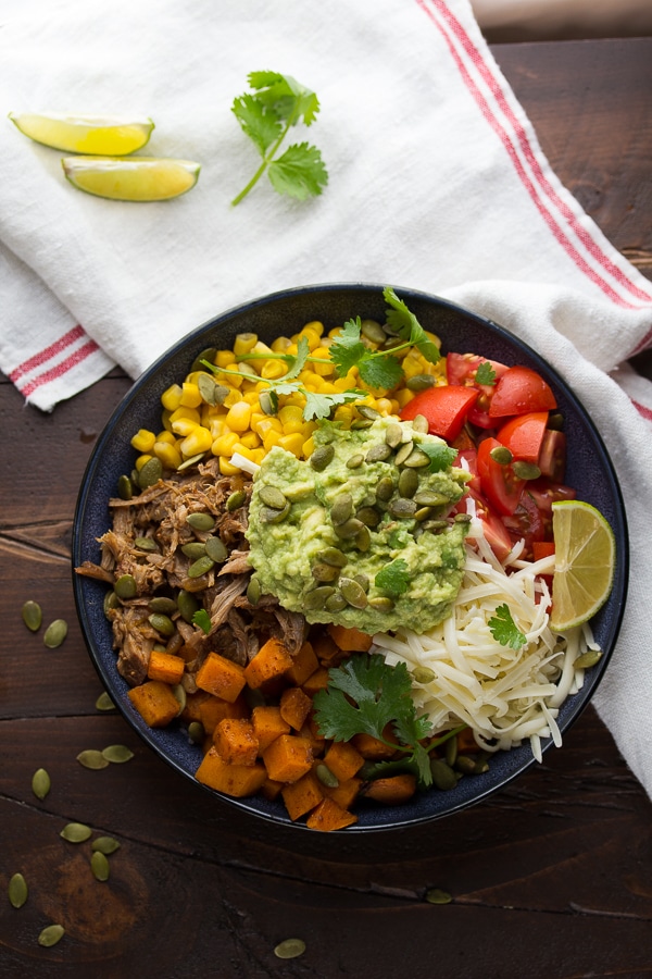 Fall Burrito Bowls with Maple Pork Sweet Potatoes and Pepitas Sweet Peas and Saffron