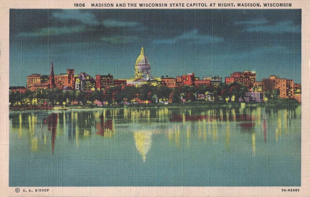 Vintage Postcard Madison and the Wisconsin State Capitol at Night