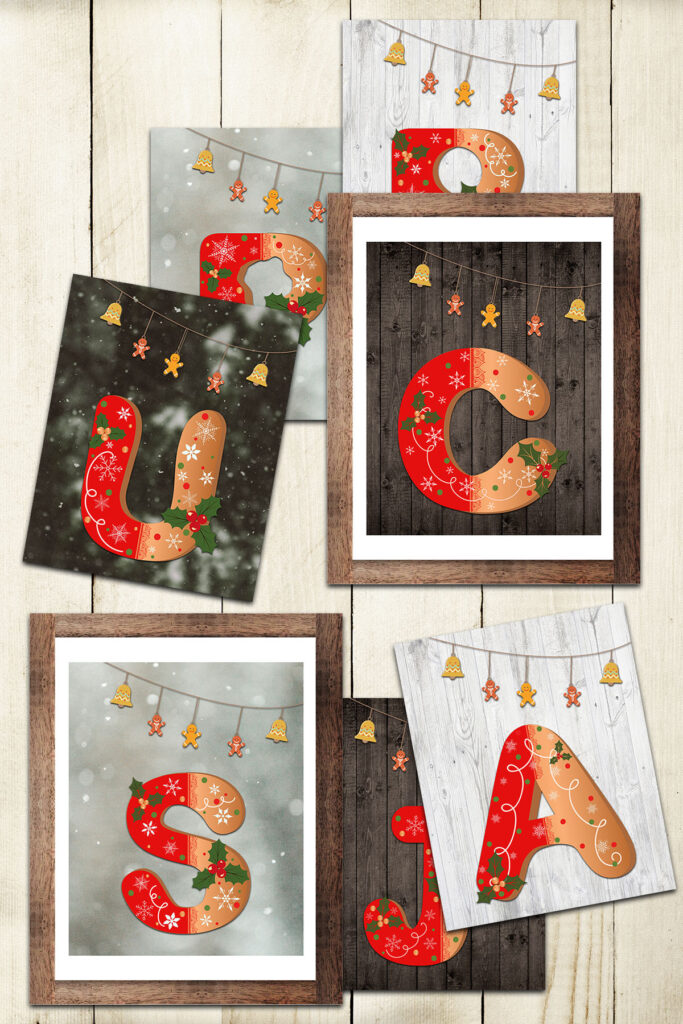 Free Printable Gingerbread Holiday Initial Letter Prints on Light Wood