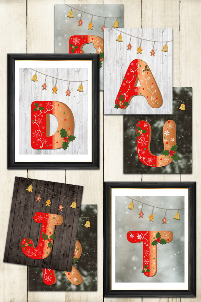 Free Printable Gingerbread Holiday Initial Letter Prints on Light Wood