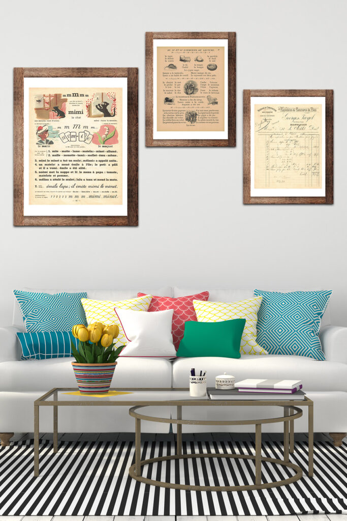 Framed Vintage French Themed Art in Living Room