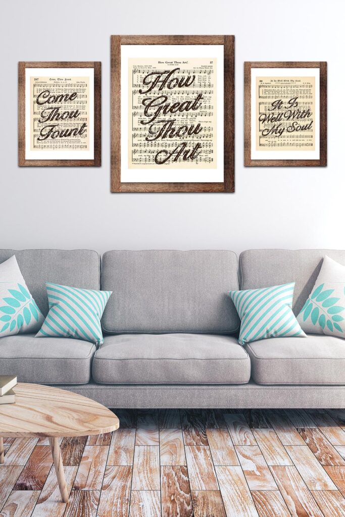 Vintage Hymns With Script Titles in Living Room