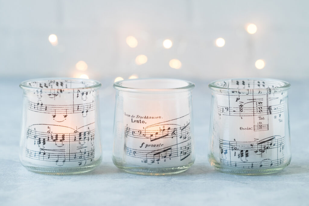 Upcycled Oui Yogurt Jar Sheet Music Votives