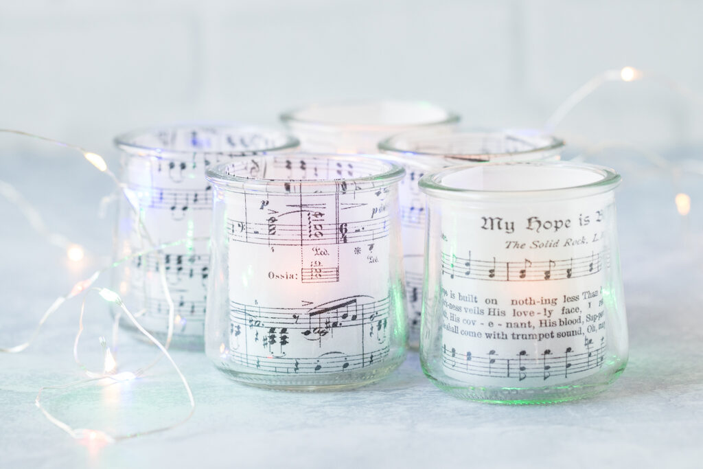 Upcycled Oui Yogurt Jar Sheet Music Votives