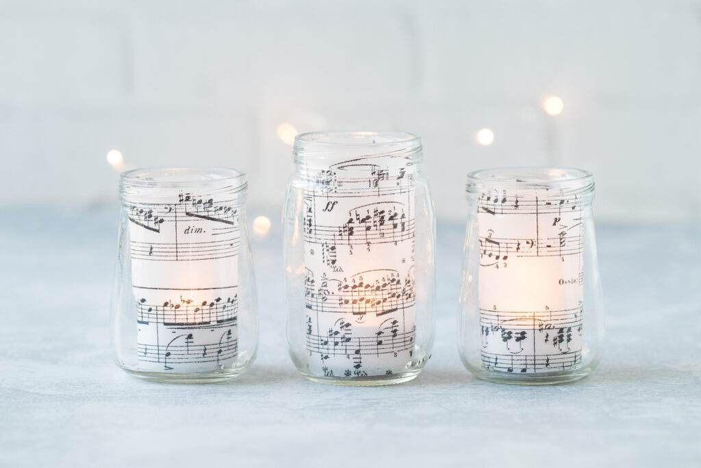 Small Glass Jar Sheet Music Votives