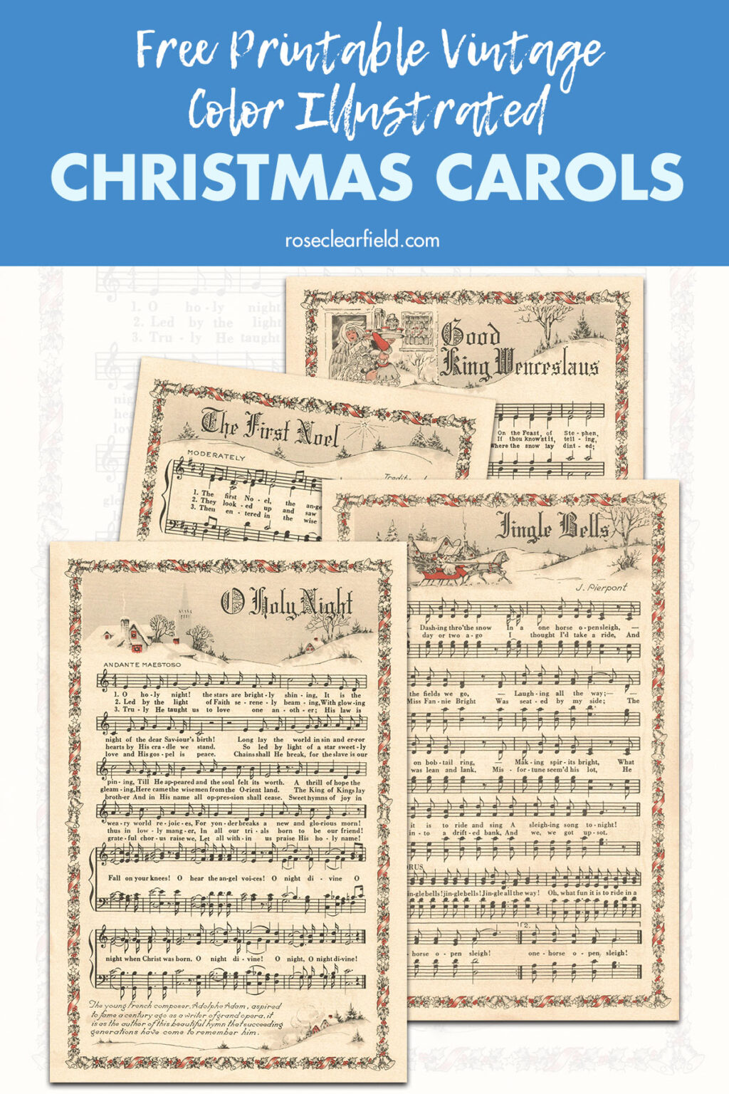 Free Printable Vintage Green Illustrated Christmas Carols • Rose Clearfield