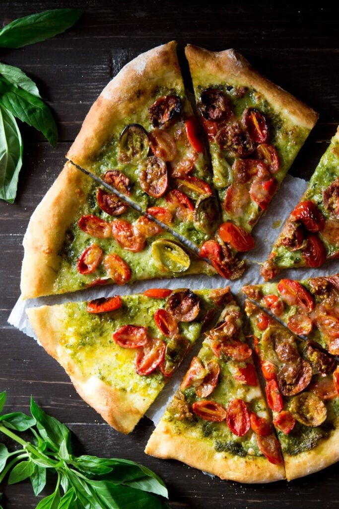 Basil Pesto Pizza with Mozzarella and Roasted Tomatoes Inside the Rustic Kitchen