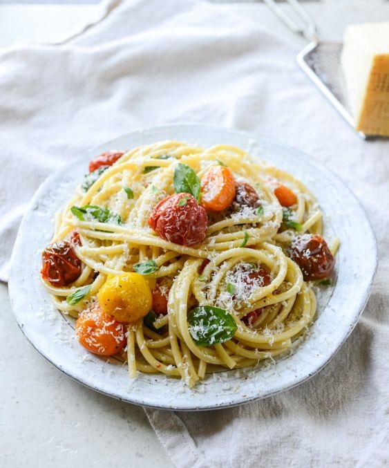 Roasted Garlic Butter Bucatini with Burst Cherry Tomatoes How Sweet Eats