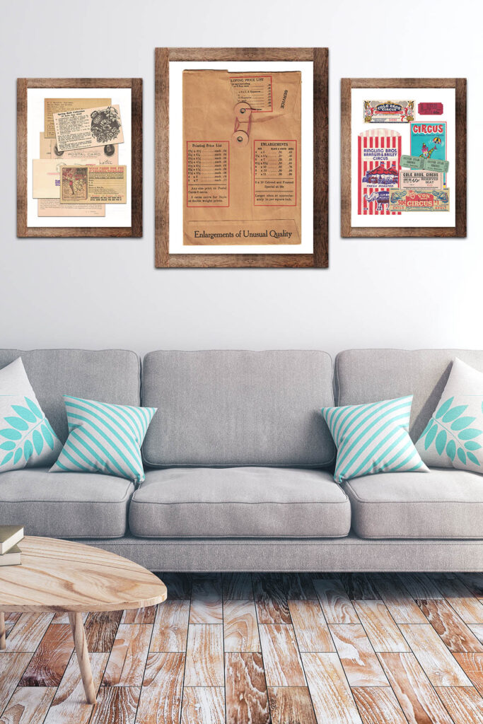 Vintage Ephemera Framed in Living Room