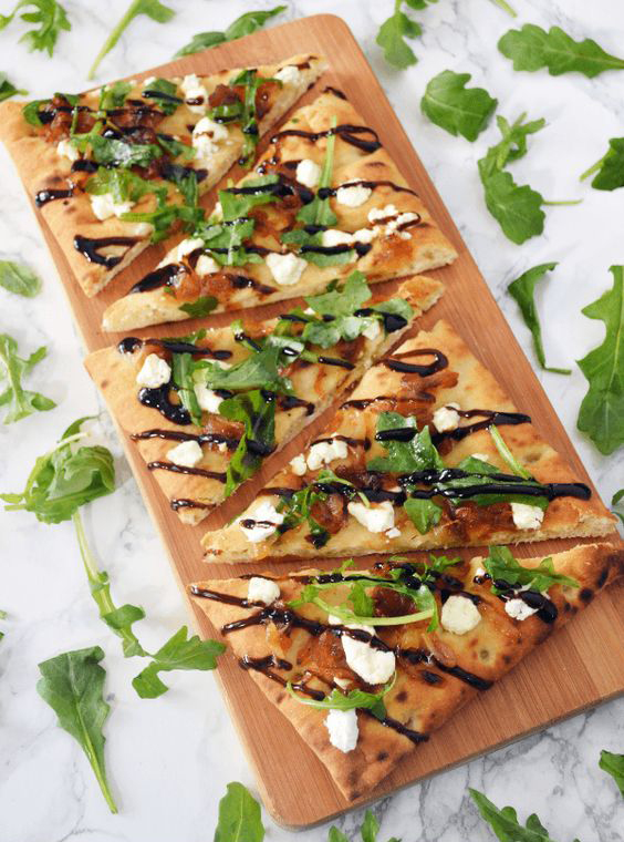 Caramelized Onion Goat Cheese and Arugula Flatbread Healthy Family Project