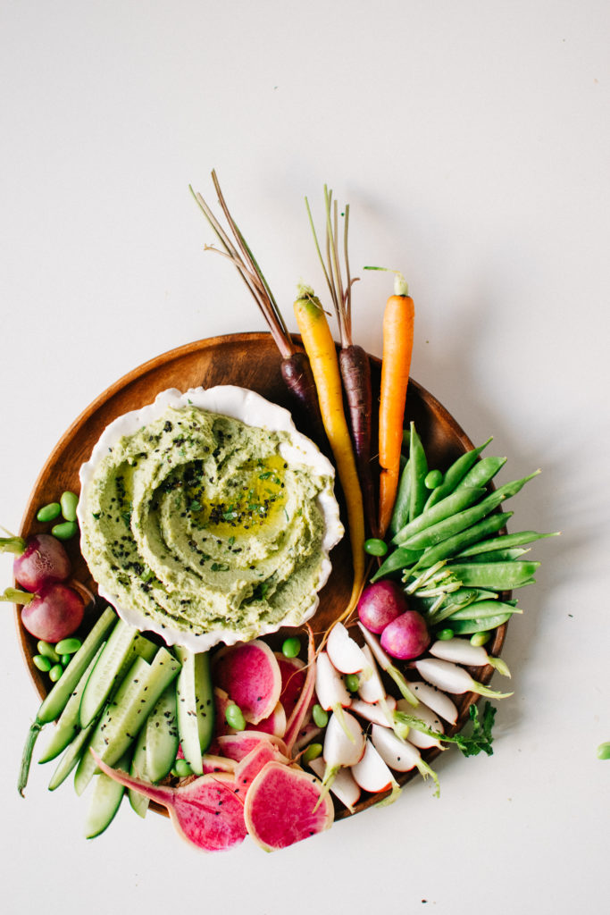 Miso Edamame Hummus with Spring Crudites Kale and Caramel