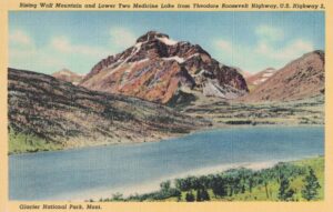 Rising Wolf Mountain and Lower Two Medicine Lake from Theodore Roosevelt Highway, U.S. Highway 2 in Glacier National Park