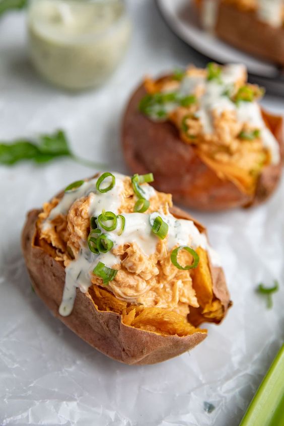 Buffalo Chicken Stuffed Sweet Potatoes 40 Aprons