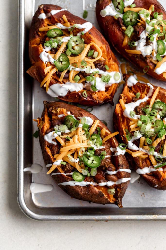 Chili Stuffed Sweet Potatoes Cooking with Cocktail Rings