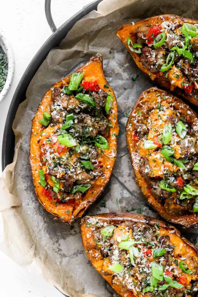 Sausage Twice Baked Sweet Potatoes Pinch Me Good