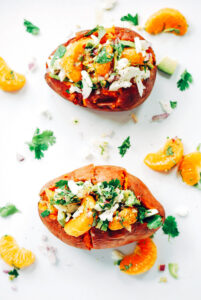 Tangelo Avocado and Halloumi Stuffed Sweet Potatoes
