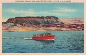 Vintage Postcard Hoover Dam Boating on Hoover Dam Lake Fortification Mountain in Background Preview