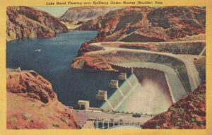 Vintage Postcard Hoover Dam Lake Mead Flowing Over Spillway Gates Preview
