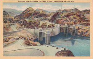 Vintage Postcard Hoover Dam Upstream Face and Intake Towers from Arizona Side Preview