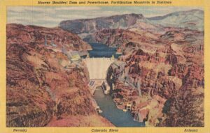 Vintage Postcard Hoover Dam and Powerhouse Fortification Mountain in Distance Preview